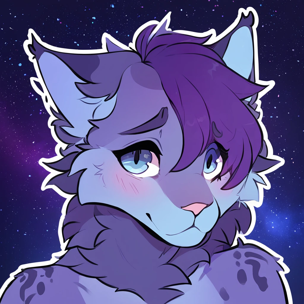 adult, feline, mammal, anthro, anthromorphic, cat, striped, fur, furred_anthro, femboy, male, dark_blue, ear_tufts, paws, hair_tuft, hair_between_eyes, long_tail, fluffy, expressive_eyes, purple_hair, light, galaxy_fur, looking_at_viewer, light_blue_chest, shy, small_pupils, spotted_pattern, stripes, digital_art, high_resolution, high_res, background shy, head_visible, neck_visible, profile_picture, seductive_face, galaxy_background, white_outline