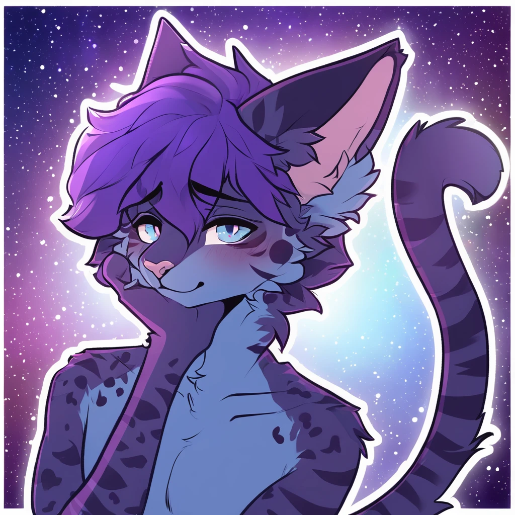 adult, feline, mammal, anthro, anthromorphic, cat, striped, fur, furred_anthro, femboy, male, dark_blue, ear_tufts, paws, hair_tuft, hair_between_eyes, long_tail, fluffy, expressive_eyes, purple_hair, light, galaxy_fur, looking_at_viewer, light_blue_chest, shy, small_pupils, spotted_pattern, stripes, digital_art, high_resolution, high_res, background shy, head_visible, neck_visible, profile_picture, seductive_face, galaxy_background, white_outline