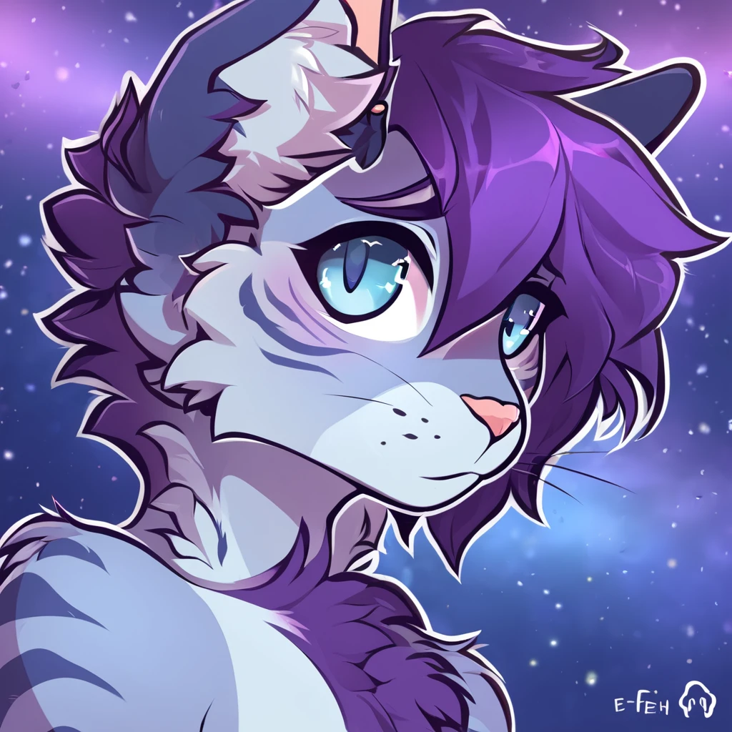 adult, feline, mammal, anthro, anthromorphic, cat, striped, fur, furred_anthro, femboy, male, dark_blue, ear_tufts, paws, hair_tuft, hair_between_eyes, long_tail, fluffy, expressive_eyes, purple_hair, light, galaxy_fur, looking_at_viewer, light_blue_chest, shy, small_pupils, spotted_pattern, stripes, digital_art, high_resolution, high_res, background shy, head_visible, neck_visible, profile_picture, seductive_face, galaxy_background, white_outline