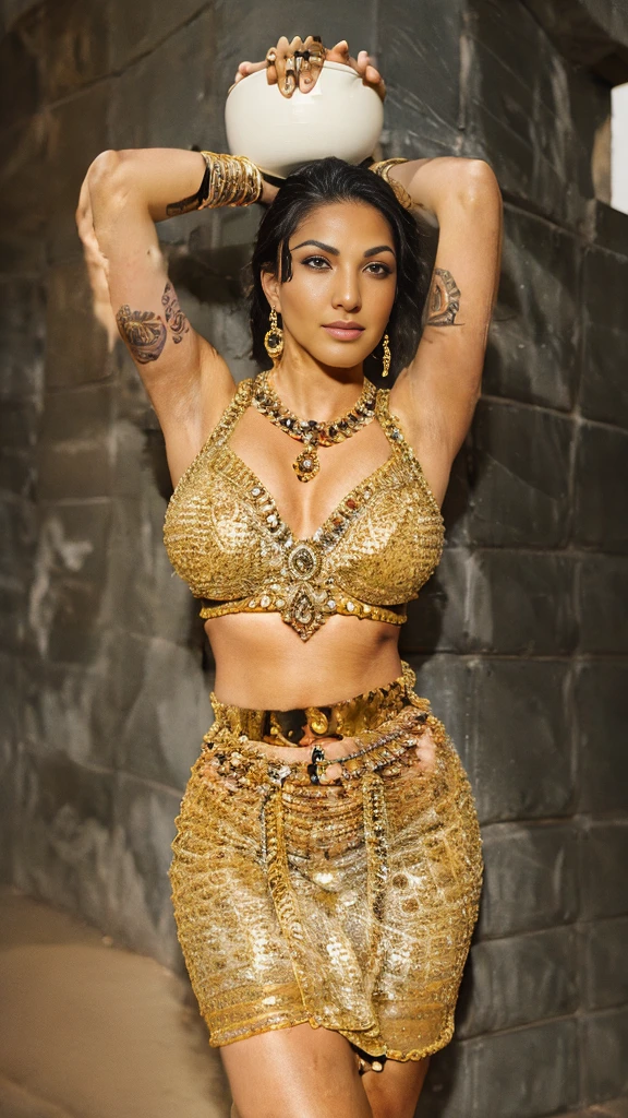 Indian tattooed goddess, arms raised above head, big breasts thick thighs, gold jewellery, semi naked, carrying a pot on head, detailed armpits, dark armpits, sweaty