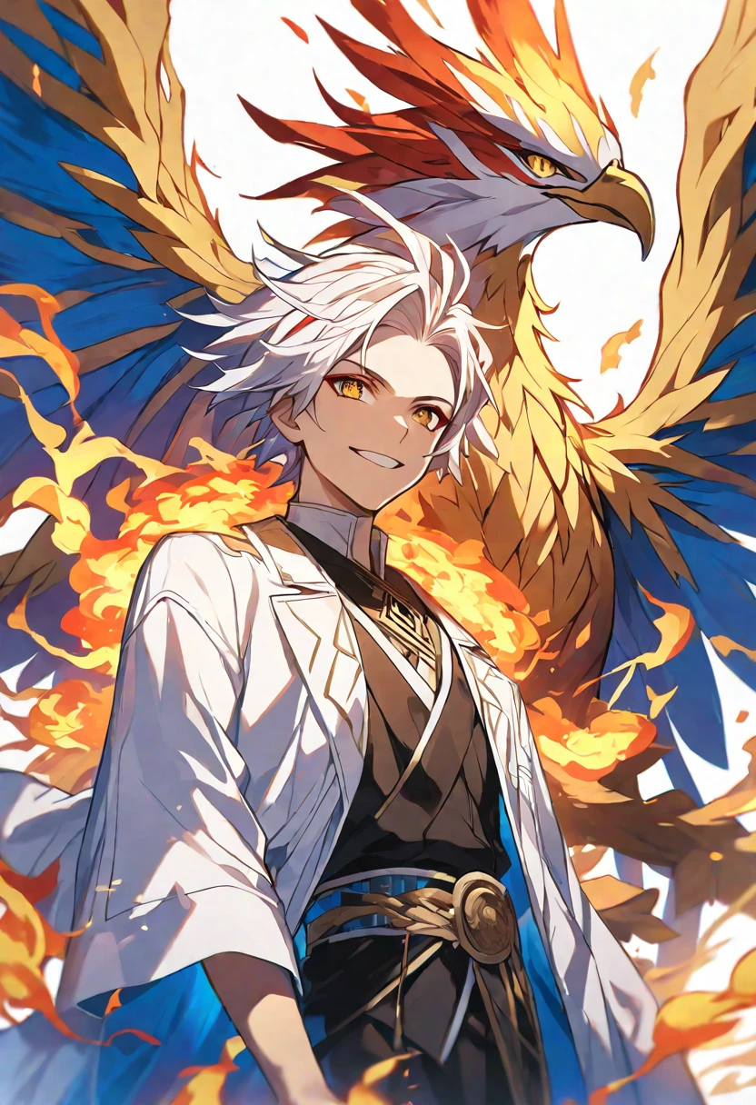 Solo, 1 male, red and white hair, golden eyes, white coat, fire, phoenix, smile facial