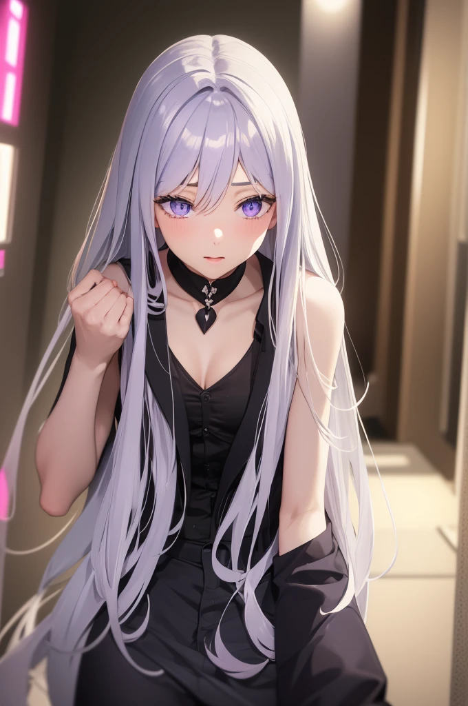 (Highest quality), (High resolution), (masterpiece), (Super detailed), Silver Hair, Long Hair, Blue and purple eyes, Blue Archive Art Style, One girl, Girl, Silky skin, Shiny skin, An athletic body, blush, Heavy breathing, chest, (Black long coat, White shirt, Black tie, Black trousers, My crotch is wet), Diagram from the front, (Bright saturation), Dripping love juice, Heart Pupil, Expression of pleasure, Trembling with sexual climax, Heavy breathing, Night Alley
