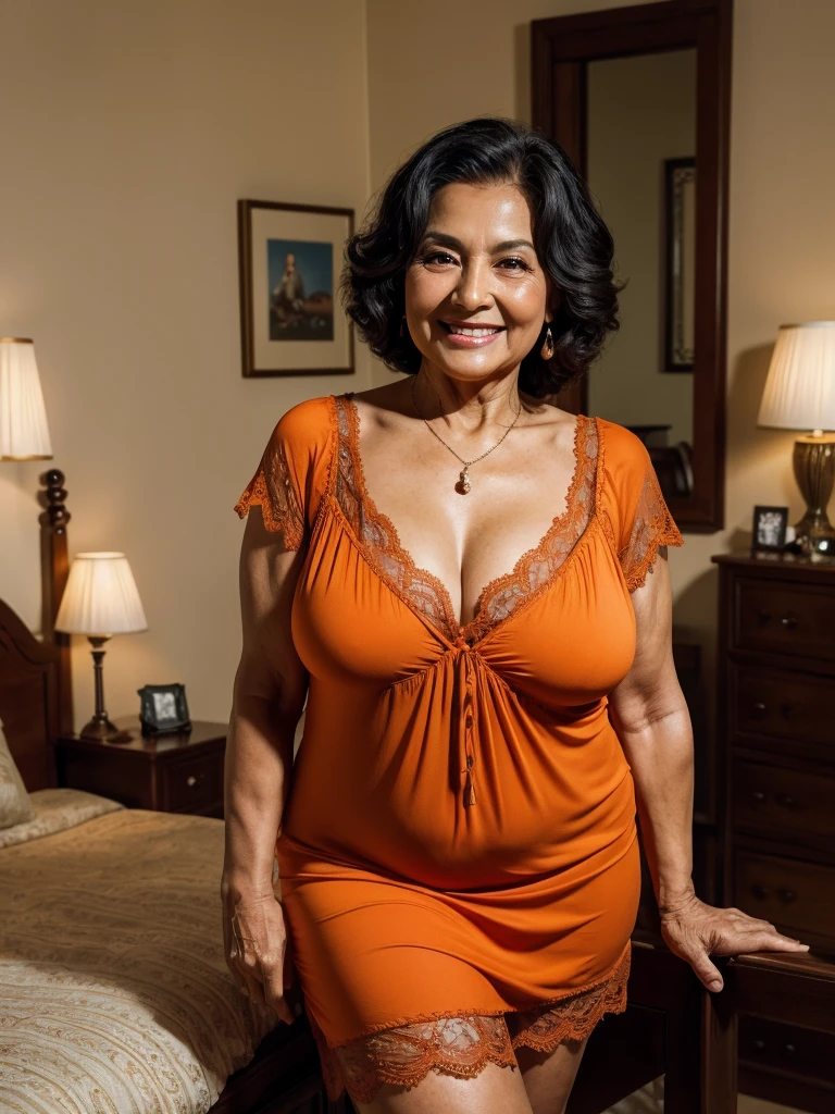 58-year-old naked Indonesian mature woman, sitting leisurely on a poor family bed with a 25-year-old naked young man, the man hugs from behind, black hair, brown skin, slim body, sweaty wet body, has extra large breasts: 206.9, big nipples, sitting on the mattress with her legs open pussy