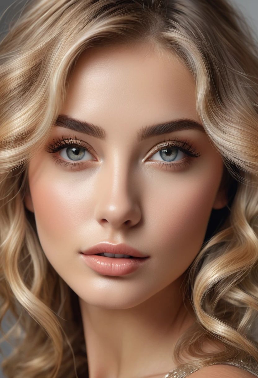 (best quality,ultra-detailed,realistic:1.37),blonde highlights,hair strands,hair with natural movement,natural looking hair,subtle texture,exquisite hair shading,realistic hair shine,detailed hair curls,captivating eyes with mesmerizing reflections and depth,natural-looking skin tones,dewy look on the face,subtle blush on the cheeks,luscious glossy lips,blonde eyebrows with delicate strokes,highlighted eyelashes with individual strands,soft lighting to enhance the features,professional portrait style,gorgeous color palette with vibrant hues,studio lighting for realistic shadows and highlights,fluid and graceful pose,airy background with subtle hints of nature,perfectly coiffed hair with impeccable styling,masterpiece quality resolution for every detail,ultra-fine painting-like texture,photorealistic rendering of the eyes and hair,meticulous attention to realism and detail,high-resolution 4k portrayal of the subject,perfectly groomed intricate hair with beautiful highlights,a captivating gaze that draws viewers in,subtle reflections and highlights that make the eyes sparkle and come to life,a natural glow on the skin that exudes radiance,a vibrant and lively atmosphere that complements the subject,meticulously crafted details that showcase the beauty and charm of the subject.