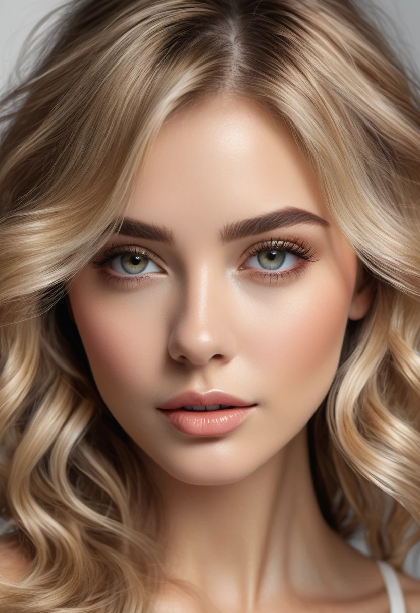 (best quality,ultra-detailed,realistic:1.37),blonde highlights,hair strands,hair with natural movement,natural looking hair,subtle texture,exquisite hair shading,realistic hair shine,detailed hair curls,captivating eyes with mesmerizing reflections and depth,natural-looking skin tones,dewy look on the face,subtle blush on the cheeks,luscious glossy lips,blonde eyebrows with delicate strokes,highlighted eyelashes with individual strands,soft lighting to enhance the features,professional portrait style,gorgeous color palette with vibrant hues,studio lighting for realistic shadows and highlights,fluid and graceful pose,airy background with subtle hints of nature,perfectly coiffed hair with impeccable styling,masterpiece quality resolution for every detail,ultra-fine painting-like texture,photorealistic rendering of the eyes and hair,meticulous attention to realism and detail,high-resolution 4k portrayal of the subject,perfectly groomed intricate hair with beautiful highlights,a captivating gaze that draws viewers in,subtle reflections and highlights that make the eyes sparkle and come to life,a natural glow on the skin that exudes radiance,a vibrant and lively atmosphere that complements the subject,meticulously crafted details that showcase the beauty and charm of the subject.