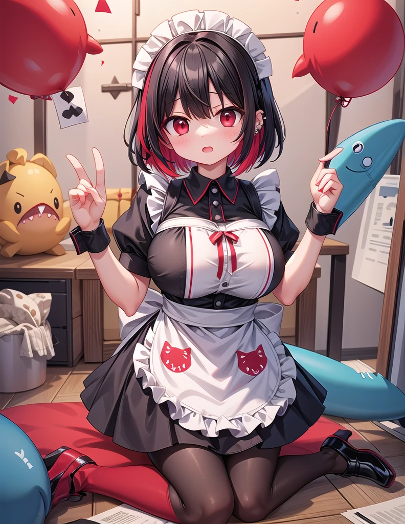 solo,1girl(big breast)(masterpiece, best quality:1.2),Ellen Jo，Zenless Zone Zero，alternate costume ,maid, shark tail, (shark girl:0.5), short hair，black hair，red eyes, tail, pantyhose,multicolored hair, black footwear, short sleeves, apron, wrist cuffs, maidheaddress, stockings, nyantchaellen joe, black hair, red hair，colored inner hair, multicolored hair, (red eyes:1.3), red hair, short hair, two-tone hair,apron, black pantyhose, black shirt, ear piercing,