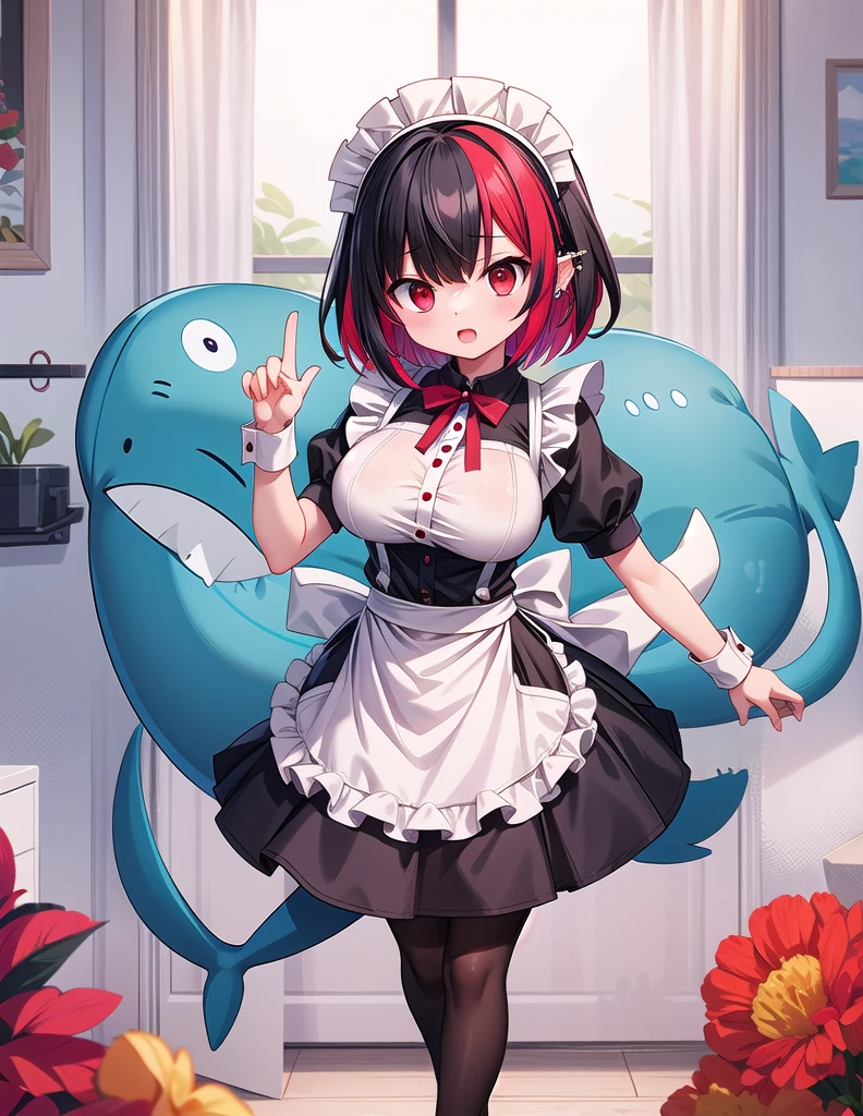 solo,1girl(big breast)(masterpiece, best quality:1.2),Ellen Jo,Zenless Zone Zero,alternate costume ,maid, shark tail, (shark girl:0.5), short hair,black hair,red eyes, tail, pantyhose,multicolored hair, black footwear, short sleeves, apron, wrist cuffs, maidheaddress, stockings, nyantchaellen joe, black hair, red hair,colored inner hair, multicolored hair, (red eyes:1.3), red hair, short hair, two-tone hair,apron, black pantyhose, black shirt, ear piercing,