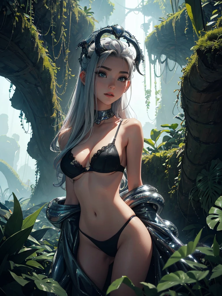 1 girl in a silver sexy exploration bikini, gorgeous woman, beautiful detailed eyes, beautiful detailed lips, extremely detailed eyes and face, long eyelashes, tentacle vines, enormous man eating maw, alien landscape, man-eating plants, 50s sci-fi, cinematic lighting, dark moody atmosphere, vivid colors, photorealistic, highly detailed, 8k, best quality, masterpiece (show her entire body, show all of her, full body shown)