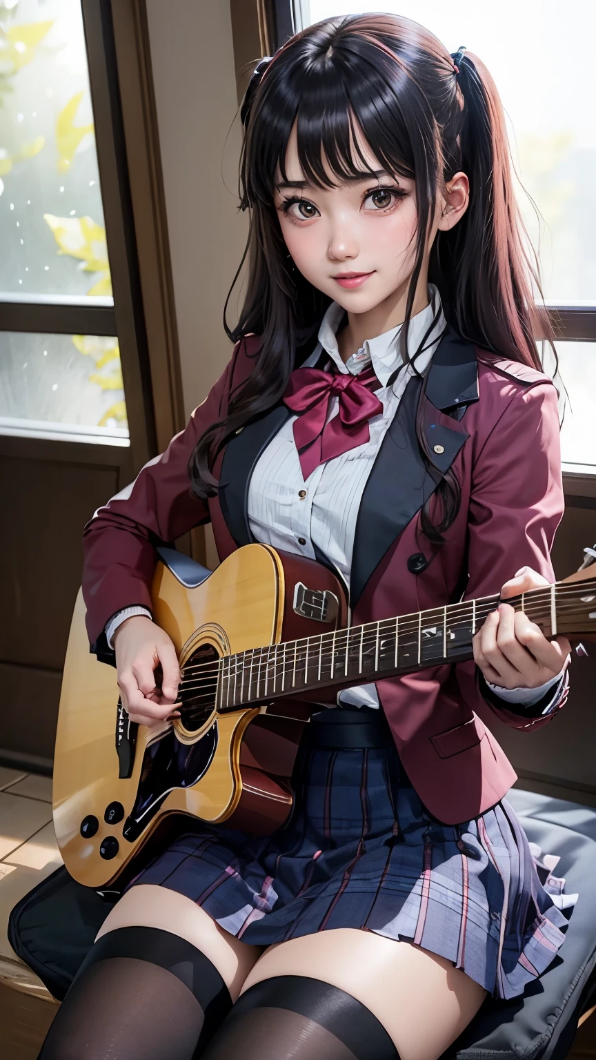 High School Suit Jacket、 、Red Plaid Knee-Length Skirt、Long skirt、JK style、jacket、Smile、Knee socks、Knee socks、Pantyhose、Peerless Beauty、Super cute、Fed up、of beauty、twin-tail hair、Dark black eyeshadow、sad、Skin radiance、Long hair straightener、Dark Gothic Makeup、暗黑Smile、Fragrant and beautiful、Stained glass background、masterpiece、best quality、Reference 5 books、Sweat glistened on my chest、Sweat is glistening on my face、Small Breasts、Dark pink hair、Age 22 years、Slightly slim、Mysterious expression、Sad expression、Pink Hair、Mysterious Gothic church、Charming castle、Sweating all over the body、There is a lot of sweat and light on the thighs、Shiny thighs、大腿上Sweating、Sweat beads on thighs、Sweating、Gal、Small Breasts、Japanese Face Hole、Seductive expression、Thin thighs、Play the guitar、I have a guitar、Sing a song enthusiastically、Play the guitar in a band、Play the guitar chords、Scene House Background、Sing a song、open mouth、On-site house scenery、Look down a little、Microphone Stand、