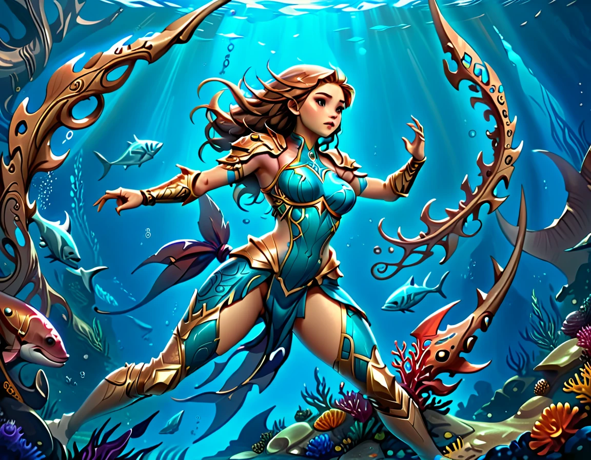high details, best quality, 16k, RAW, [ultra detailed], masterpiece, best quality, (extremely detailed), dynamic angle, ultra wide shot, RAW, photorealistic, fantasy art, rpg art, realistic art, a wide angle picture of a female human druid and her pet shark, priest of underwater nature, cleric of underwater nature, full body, ((anatomically correct)), dynamic position (intricate details, Masterpiece, best quality: 1.5) talking to a shark (intricate details, Masterpiece, best quality: 1.5) under the sea  (intricate details, Masterpiece, best quality: 1.5), a female  wearing scale armor ( (intricate details, Masterpiece, best quality: 1.4) leather boots, armed with a GLOWING WEAPON, thick hair, long hair, brown hair, tan skin intense brown eyes, undersea background (intense details),  night undersea( (intricate details, Masterpiece, best quality: 1.5)), dynamic angle,  (intricate details, Masterpiece, best quality: 1.5)), high details, best quality, highres, ultra wide angle, drkfntasy, DruidMagicAI