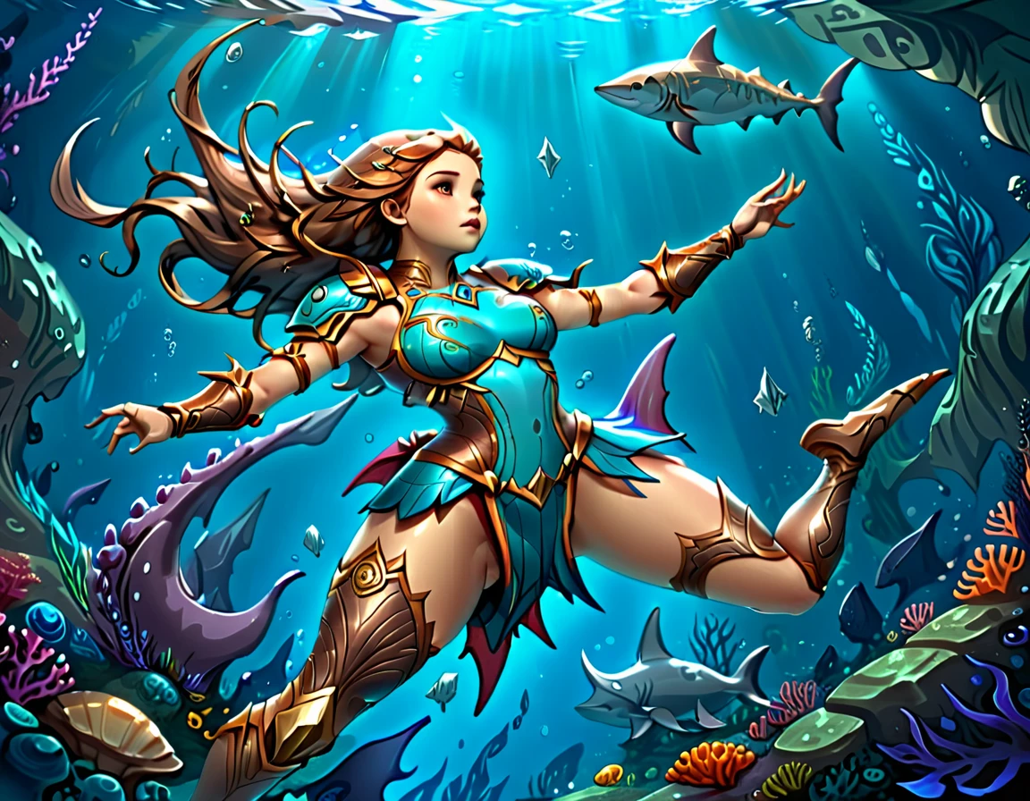 , a wide angle picture of a female human druid swimming along her pet shark, priest of underwater nature, cleric of underwater nature, art full body, ((anatomically correct)), dynamic position (intricate details, Masterpiece, best quality: 1.5) talking to a shark (intricate details, Masterpiece, best quality: 1.5) under the sea (intricate details, Masterpiece, best quality: 1.5), a human woman wearing scale armor ((intricate details, Masterpiece, best quality: 1.4) leather boots, armed with a sword, GLOWING WEAPON, thick hair, long hair, brown hair, tan skin intense brown eyes, undersea background (intense details), night undersea( (intricate details, Masterpiece, best quality: 1.5)high details, best quality, 16k, RAW, (ultra detailed: 1.5), masterpiece, best quality, (extremely detailed), dynamic angle, ultra wide shot, RAW, photorealistic, fantasy art, rpg art, realistic ), dynamic angle, (intricate details, Masterpiece, best quality: 1.5)), high details, best quality, highres, ultra wide angle, drkfntasy, DruidMagicAI