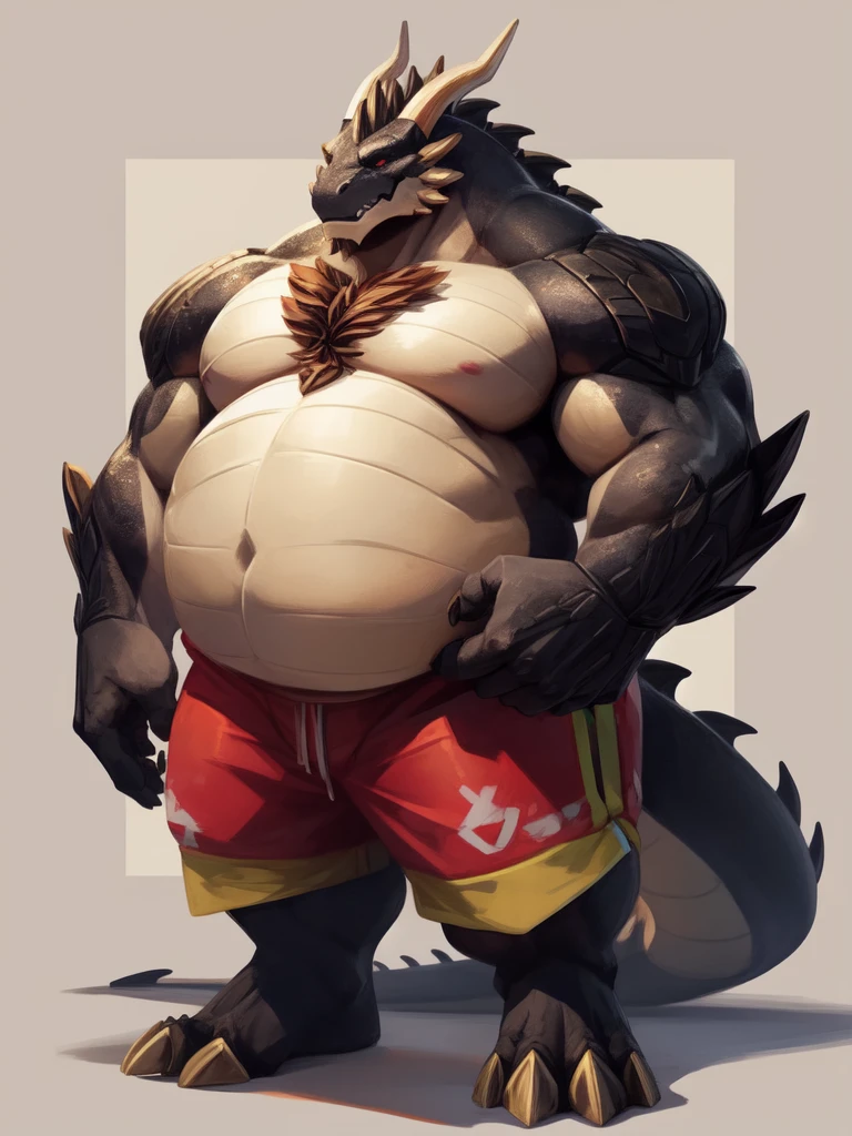 lucusold, lanxus, a man with a huge belly, furry dragon, fat ripped, chubby, more chubby , thicc, lowres, giant and fat, danbooru and artstation, heavy detailed, insanely inflated hips, topless, shorts, proportionally enormous arms, fluffy chest, commission for high res, detailed but rough, semirealistoc:1.3