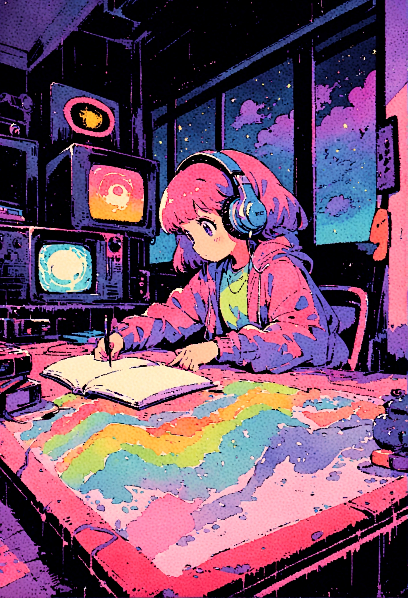 (zero), Girl studying in room, Reading a book, Wear headphones, , night lighting, Neon scenery on a rainy day,Analog Color Theme, Lo-fi Hip Hop , review, flat, 2.5D ,Draw a line, Ink painting, Large slope, Watercolor, Goosh Colors, Studio Ghibli style, Great colorful, Outerton, Synthwave, Lofi Art,90s Style,Old Texture, amplitude,90s vibe, Tabletop, Great technology, 16:9 Scale