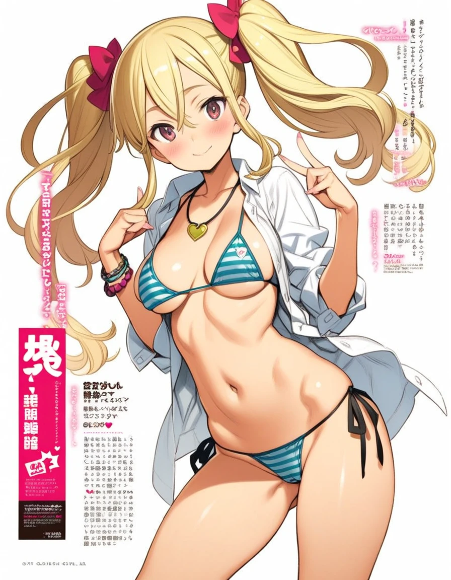 hotate-chan, lockheart, oyari ashito, 1girl, yo, official art, gyaru, blond hair, twintail, large breast, shiny skin, groin, bikini, open shirt, side tie, necklace, bracelet, standing, contrapposto, head tilt, smile, naughty, mesugaki, blush, vulgarity, white background, simple background, w arms, peace sign, netorare, nsfw