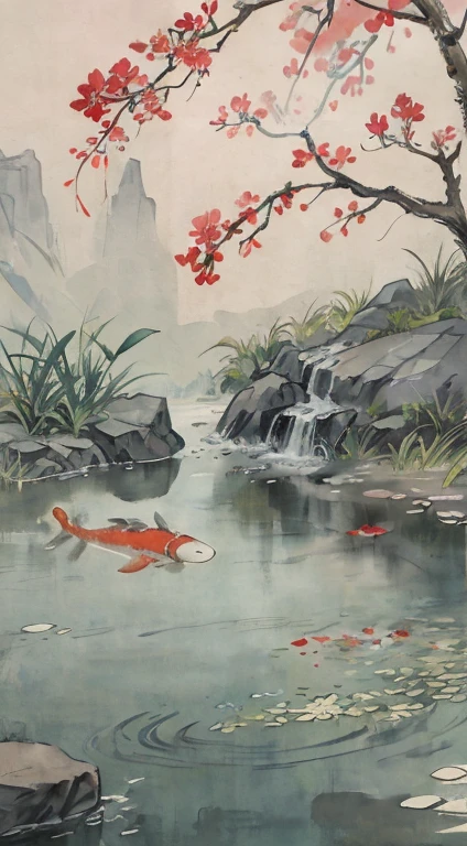 Koi in the pond,Green grass on the shore,Lots of flowers,plant,person meditating, Chinese watercolor style, HD,Chinese traditional watercolor painting,traditional Chinese painting,Chinese ink painting。