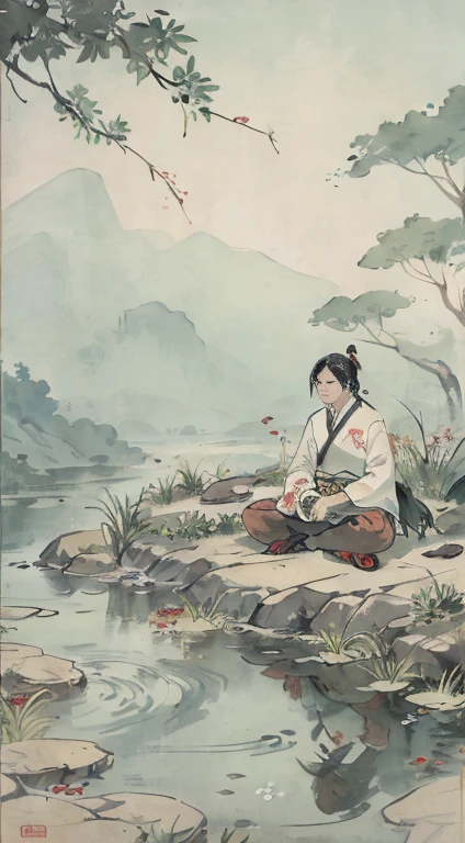 Koi in the pond,Green grass on the shore,Lots of flowers,plant,person meditating, Chinese watercolor style, HD,Chinese traditional watercolor painting,traditional Chinese painting,Chinese ink painting。