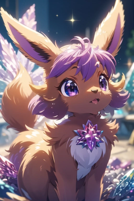 ((best quality)), ((masterpiece)), (detailed), purple color eevee, purple color crystals, crystal shaped tail, crystal on its head, purple eevee animal, purple gemstone eevee, purple crystal eevee, crystallized purple eevee