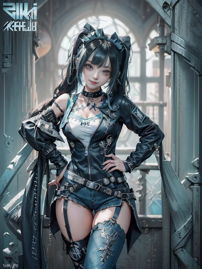 (Full body view:1.4)、(Full Body View:1.4)、(Side view:1.1)、(Smiling with teeth showing:1.3),(Shibuya Gal:1.5)、(Maid café clerk:1.5)、(Punk RockVisual Kei:1.4)、(Turquoise, navy and denim medieval noble zip up:1.5)、(Navy and white arm covers and bugle pants:1.5)、(Blue high heels:1.3)、(Wearing silver accessories:1.5)、(Dark brown collar:1.4)、(Leather garter belt:1.4)、(Brown Skin Belt:1.3)、(Black lace underwear:1.5)、20-year-old、NSFW、((Highest quality、In 8K、masterpiece:1.3))、Sharp focus:1.2、(Layered Cut、Huge boobs:1.1),Beautiful woman with perfect figure:1.4、(Doing an aerobics pose:1.3)、Slender Abs:1.2、Highly detailed face and skin texture、Detailed eyes、double eyelid,(Twin tails:1.3)、(Black Hair:1.3)、Gravure idol、(A fairytale-like cafe with a lush tree background:1.3)、(Slim body:1.3),(Make your legs thinner:1.4),(Thin, thin thighs:1.3)、(clavicle:1.1)