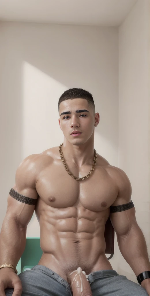 (masterpiece, intricately detailed, highest resolution, best quality:1.2), (doujin), a cocky jordan_torres Instagram influencer, buzz cut, a 24 y.o muscle dom with a muscular physique sitting on a chair with black eyes,dark-skinned male, clean shaven, wearing a ((open jacket, big chains, chav, armbands)), ((excessive cum)) ((cum on body)) (cum drip), flaccid penis,saggy balls,hairy chest,vascular,muscle striations,soft light,fantastic realism, colth