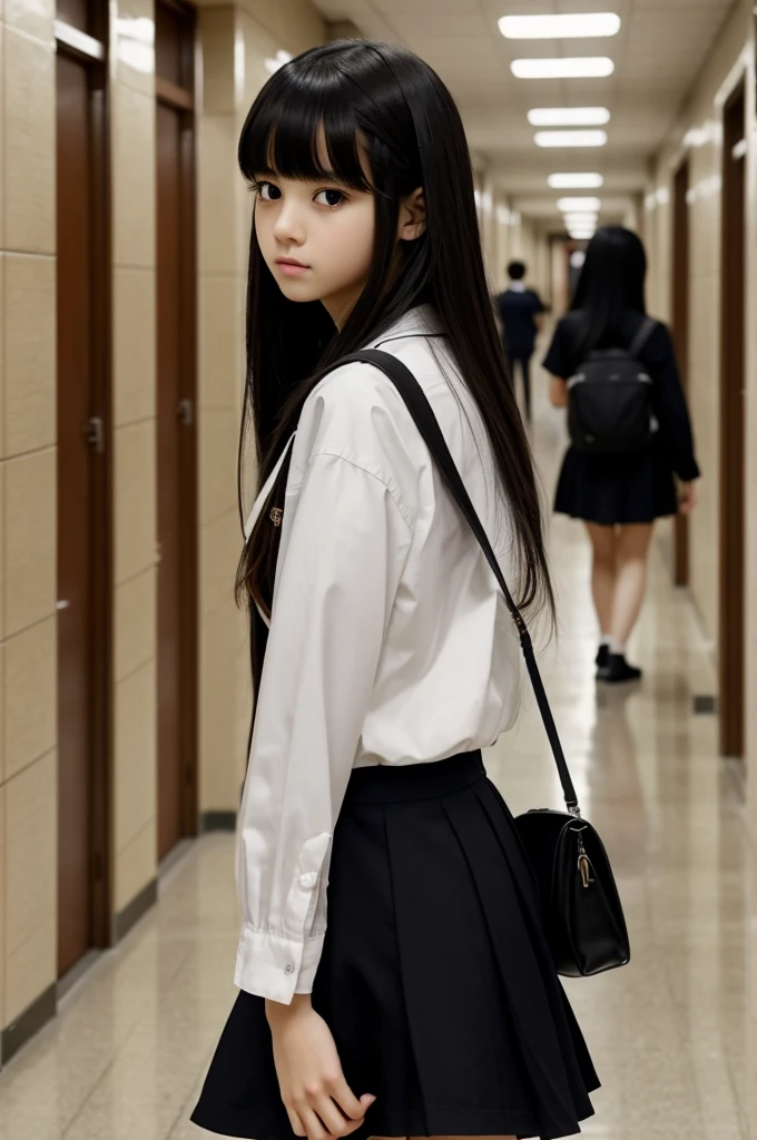 masterpiece, best quality, very aesthetic, absurdres, anime quality, people in the background
in school hallway
1girls, shock expression on her face, looking at viewer, standing while holding a bag, long hair with bangs, black hair, black eyes, tomboy style with uniform, side viewing the viewer