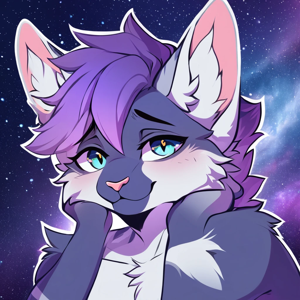 adult, feline, mammal, anthro, anthromorphic, cat, striped, fur, furred_anthro, femboy, male, dark_blue, ear_tufts, paws, hair_tuft, hair_between_eyes, long_tail, fluffy, expressive_eyes, purple_hair, light, galaxy_fur, looking_at_viewer, light_blue_chest, shy, small_pupils, spotted_pattern, stripes, digital_art, high_resolution, high_res, background shy, head_visible, neck_visible, profile_picture, seductive_face, galaxy_background, white_outline