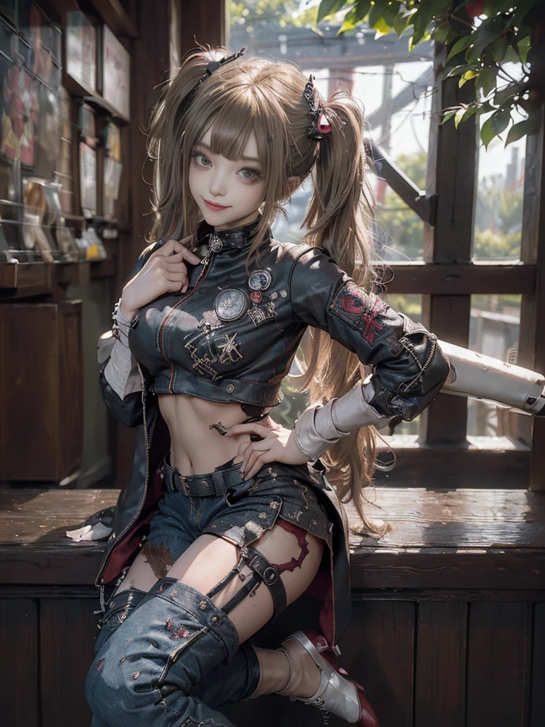 (Full body:1.4)、(Full Body View:1.4)、(Side view:1.1)、(Smiling with teeth showing:1.3),(Shibuya Gal:1.5)、(Beautiful:1.5)、(Punk RockVisual Kei:1.4)、(Burgundy denim with khaki and brown medieval tattered zip up:1.5)、(Wine red arm covers and tattered bugle pants:1.5)、(Wine red high heels:1.3)、(Wearing silver accessories:1.5)、(Dark brown collar:1.4)、(Leather garter belt:1.4)、(Red skin belt:1.3)、(Red lace underwear:1.5)、20-year-old、NSFW、((Highest quality、In 8K、masterpiece:1.3))、Sharp focus:1.2、(Layered Cut、Huge boobs:1.1),Beautiful woman with perfect figure:1.4、(Doing an aerobics pose:1.3)、Slender Abs:1.2、Highly detailed face and skin texture、Detailed eyes、double eyelid,(Twin tails:1.3)、(Brown-golden hair:1.3)、Gravure idol、(A fairytale-like cafe with a lush tree background:1.3)、(Slim body:1.3),(Make your legs thinner:1.4),(Thin, thin thighs:1.3)、（clavicle:1.1）