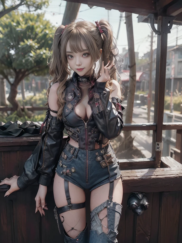 (Full body:1.4)、(Full Body View:1.4)、(Side view:1.1)、(Smiling with teeth showing:1.3),(Shibuya Gal:1.5)、(Beautiful:1.5)、(Punk RockVisual Kei:1.4)、(Burgundy denim with khaki and brown medieval tattered zip up:1.5)、(Wine red arm covers and tattered bugle pants:1.5)、(Wine red high heels:1.3)、(Wearing silver accessories:1.5)、(Dark brown collar:1.4)、(Leather garter belt:1.4)、(Red skin belt:1.3)、(Red lace underwear:1.5)、20-year-old、NSFW、((Highest quality、In 8K、masterpiece:1.3))、Sharp focus:1.2、(Layered Cut、Huge boobs:1.1),Beautiful woman with perfect figure:1.4、(Doing an aerobics pose:1.3)、Slender Abs:1.2、Highly detailed face and skin texture、Detailed eyes、double eyelid,(Twin tails:1.3)、(Brown-golden hair:1.3)、Gravure idol、(A fairytale-like cafe with a lush tree background:1.3)、(Slim body:1.3),(Make your legs thinner:1.4),(Thin, thin thighs:1.3)、(clavicle:1.1)