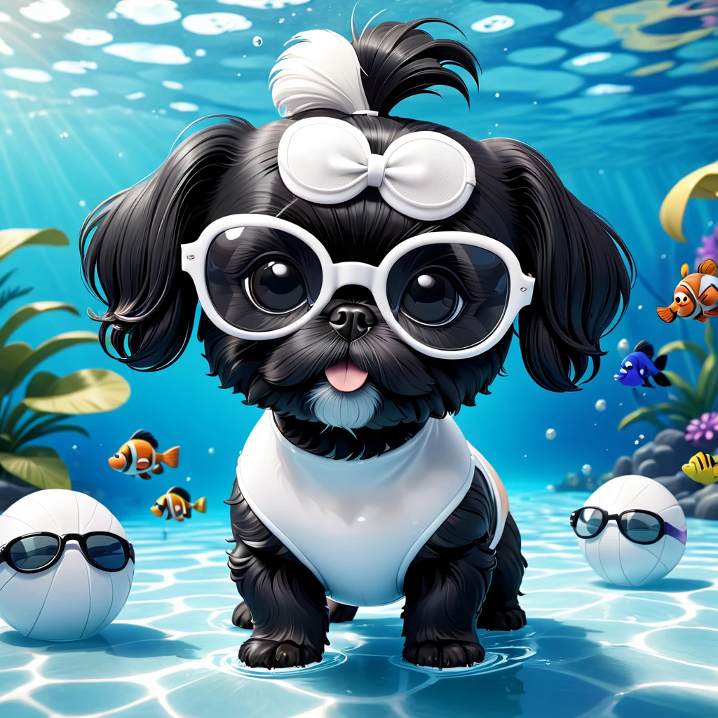 2 Adorable small black Shih Tzu puppies wearing white swimsuit and black glasses swimming Disney background 3d cartoon 3d render disney pixar style