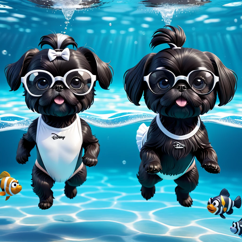 2 Adorable small black Shih Tzu puppies wearing white swimsuit and black glasses swimming Disney background 3d cartoon 3d render disney pixar style