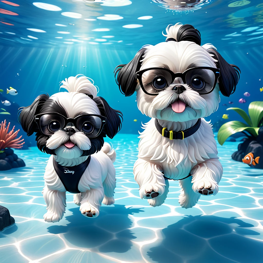 2 Adorable small black Shih Tzu puppies wearing white swimsuit and black glasses swimming Disney background 3d cartoon 3d render disney pixar style