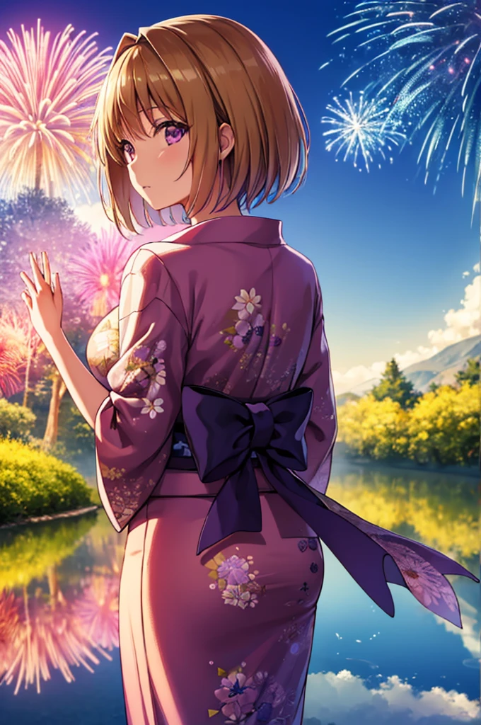 (masterpiece:1.3), (best quality:1.1), (8k, ultra detailed, ultra high res:1.2), ((anime style)), perfect 5 fingers, perfect anatomy, 
1girl,
Kushida Kikyou, 
short hair, 
bronze hair, 
(purple eyes:1.2), small eyes, 
large breasts, 
(floral printed kimono, beautiful detailed lens flare),
looking at viewer, 
cowboy shot, 
natural light, standing, arm behind back, looking back, detail background, outdoor, outside, Pond at your feet, Fireworks reflected on the pond, BREAK, evening,