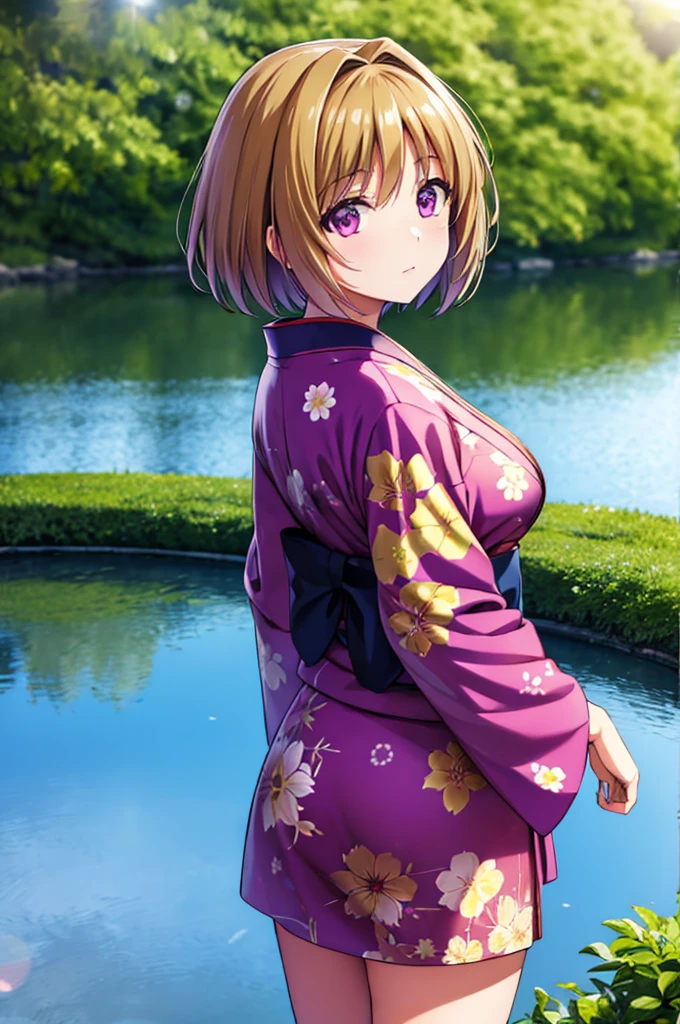 (masterpiece:1.3), (best quality:1.1), (8k, ultra detailed, ultra high res:1.2), ((anime style)), perfect 5 fingers, perfect anatomy, 
1girl,
Kushida Kikyou, 
short hair, 
bronze hair, 
(purple eyes:1.2), small eyes, 
large breasts, 
(floral printed kimono, beautiful detailed lens flare),
looking at viewer, 
cowboy shot, 
natural light, standing, arm behind back, looking back, detail background, outdoor, outside, Pond at your feet, Fireworks reflected on the pond, BREAK, evening,