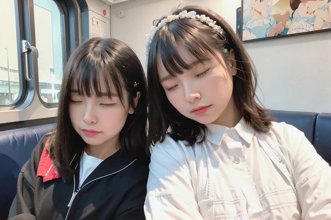 Highest quality, Super detailed, 8K, photoRealistic, masterpiece, (photoRealistic:1.4), (Realistic:1.37), Very detailed, Very detailed, Cinema Lighting, Sharp focus, hyper-Realistic, (Oversized jackets:1.2), White shirt, (ass pov:1.1), sitting on train seat, (sleeping:1.3),(closed eyes:1.2),(accidental exposure panties:1.1), white lace panties,cameltoe,pleated skirt,hands folded,(spread legs:0.5),front view of front seat
