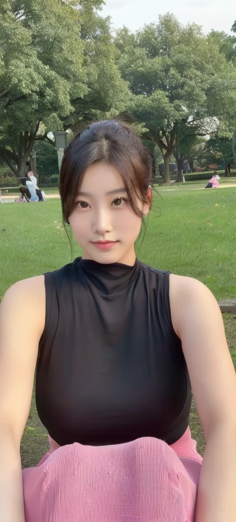 An arafed lady sitting in the park，Pink yoga mat on hand, beautiful south Korean woman, Beautiful Chinese model, Korean Girl, Cute girl in clothes, Chinese Girl, gorgeous young Korean woman, xintong chen, She wears a black vest, 8k selfie photo, beautiful young Korean woman, wenfei ye, Korean woman, 4 8 0 points