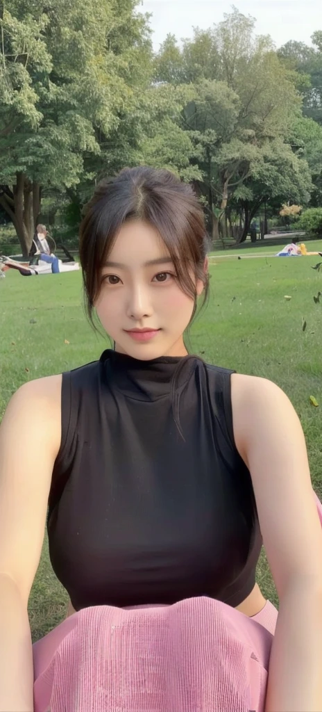 An arafed lady sitting in the park,Pink yoga mat on hand, beautiful south Korean woman, Beautiful Chinese model, Korean Girl, Cute girl in clothes, Chinese Girl, gorgeous young Korean woman, xintong chen, She wears a black vest, 8k selfie photo, beautiful young Korean woman, wenfei ye, Korean woman, 4 8 0 points