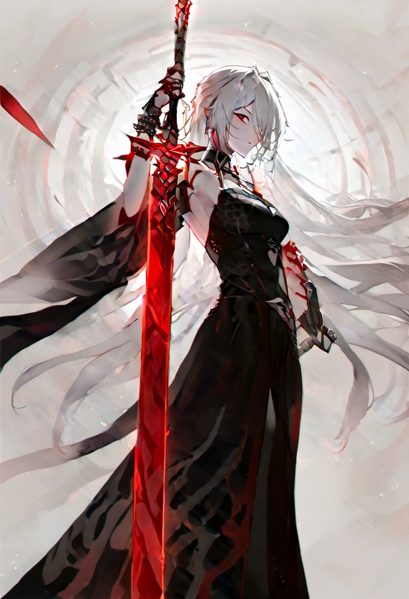 woman with long white hair with red strokes, detailed red eyes, holding a large red sword, with black clothes
