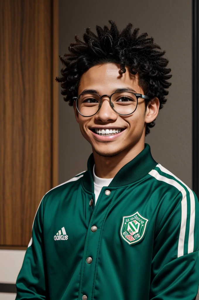 Izuku Midoriya, smiling but has braces and is wearing a soccer team jacket, He also wears round glasses for his vision. 