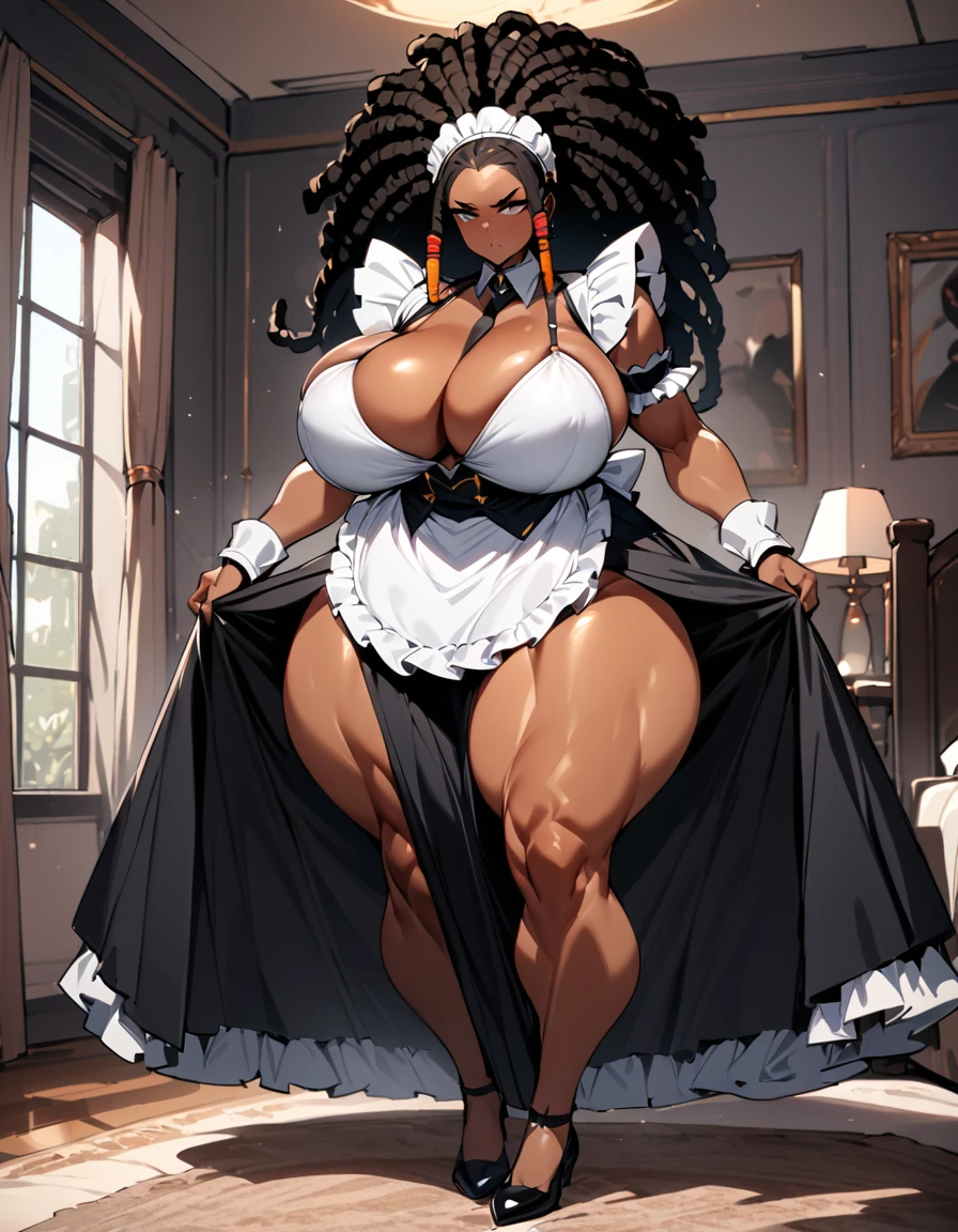 ((Masterpiece)), ((Best quality)), ((detailed)), ((1girl)), black woman, african woman, dreadlocks, afro hair, black hair, african hair, curly hair, beautiful woman, maid dress, black headband, bedroom, huge breast, voluptuous woman, wide hips, thick thighs, massive but, serious expresión, robust body, full body shot
