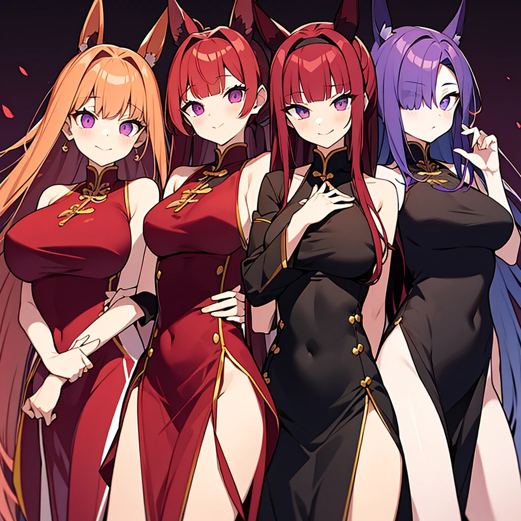 Anime, 3girls, lesbian, kiss, embrace, huge breasts, undressed, bare breasts, naked, leather collar, red eyes, slave, leash, harness, black ribbons, long hair