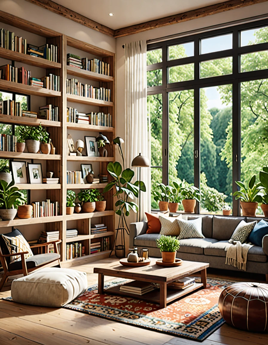 Create a hyper-realistic image of a cozy, sunlit room with a low wooden table and floor cushions. The room should have a large window letting in natural light, illuminating the space. Include elements such as potted plants, a patterned rug, and bookshelves filled with books and small decorative items. The window should offer a view of a lush garden outside. Use warm, inviting colors and soft lighting to enhance the cozy atmosphere. The overall scene should be serene and welcoming, capturing the essence of a peaceful and comfortable living space