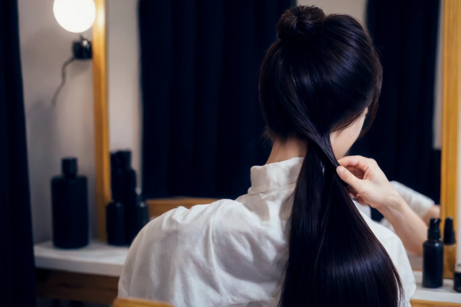 There is a woman brushing her hair in front of the mirror., Thinning hair, Short hair, Look in the mirror, Hair on the face, Long Hair, Look in the mirror, Look in the mirror, Hime cut, With mirror, Look in the mirror, ponytail, Hair Color, ponytail 黒髪, 