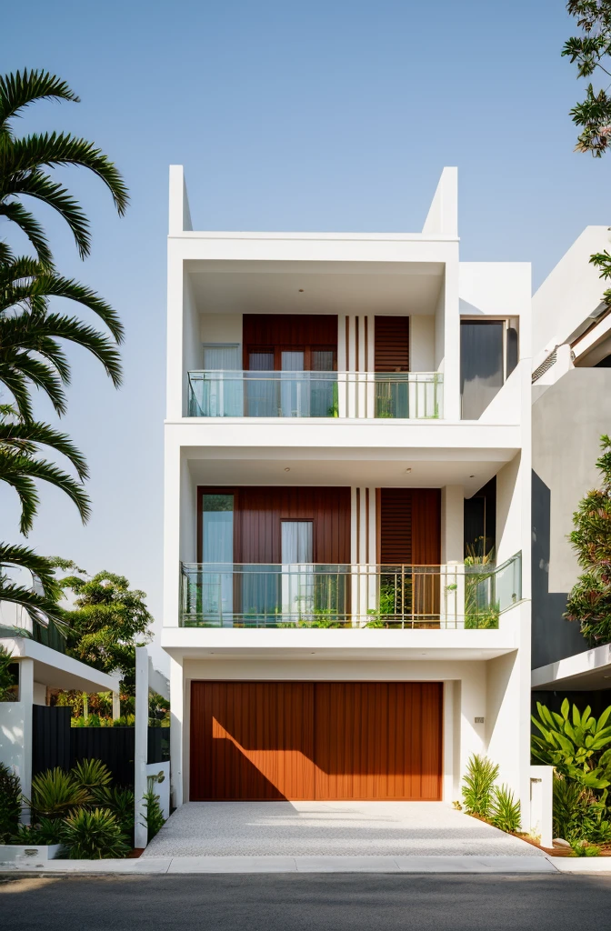 masterpiece, best quality, exterior design, (sunset), one-story modern house in Vietnamese village, marble, steel, modern light-colored granite facade and white walls, wooden ceiling , large glass, modern minimalist style, green shrubs and tropical plants background, large doors and windows.