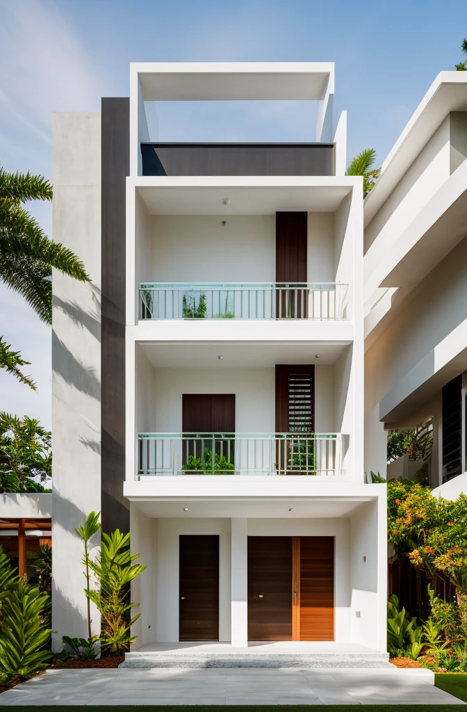 masterpiece, best quality, exterior design, (sunset), one-story modern house in Vietnamese village, marble, steel, modern light-colored granite facade and white walls, wooden ceiling , large glass, modern minimalist style, green shrubs and tropical plants background, large doors and windows.