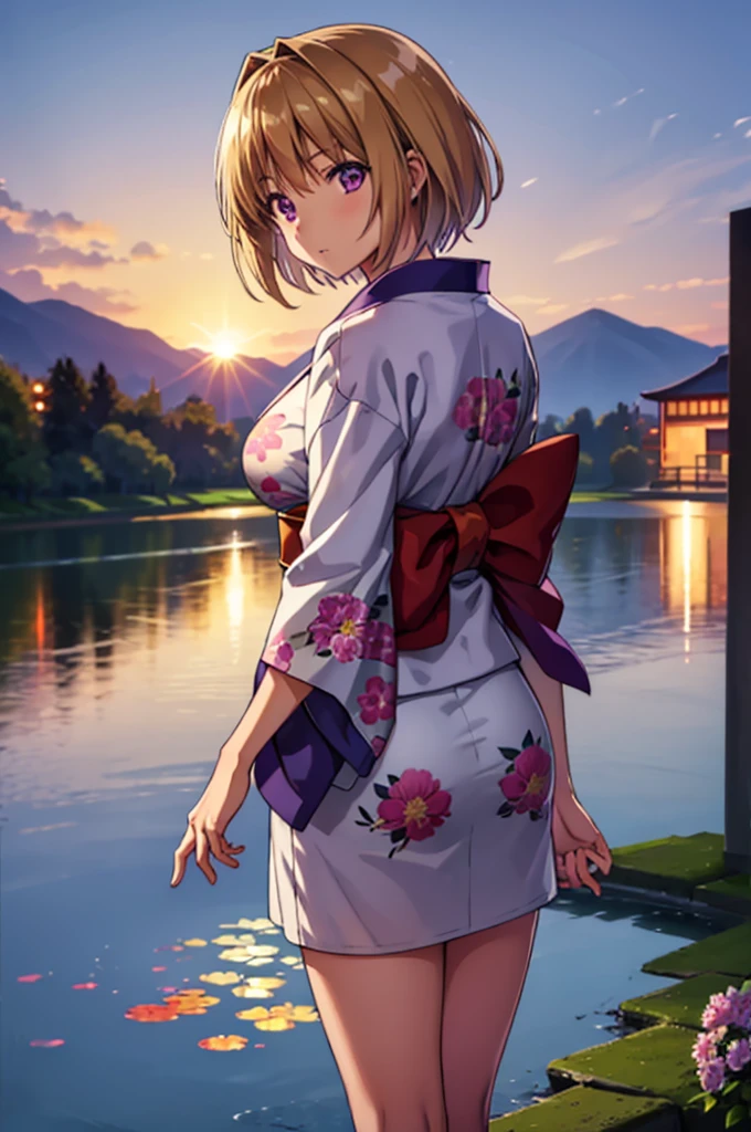 (masterpiece:1.3), (best quality:1.1), (8k, ultra detailed, ultra high res:1.2), ((anime style)), perfect 5 fingers, perfect anatomy, 
1girl,
Kushida Kikyou, 
short hair, 
bronze hair, 
(purple eyes:1.2), small eyes, 
large breasts, 
(floral printed kimono, beautiful detailed lens flare),
looking at viewer, 
cowboy shot, 
natural light, standing, arm behind back, looking back, detail background, outdoor, outside, Pond at your feet, Fireworks reflected on the pond, BREAK, evening,