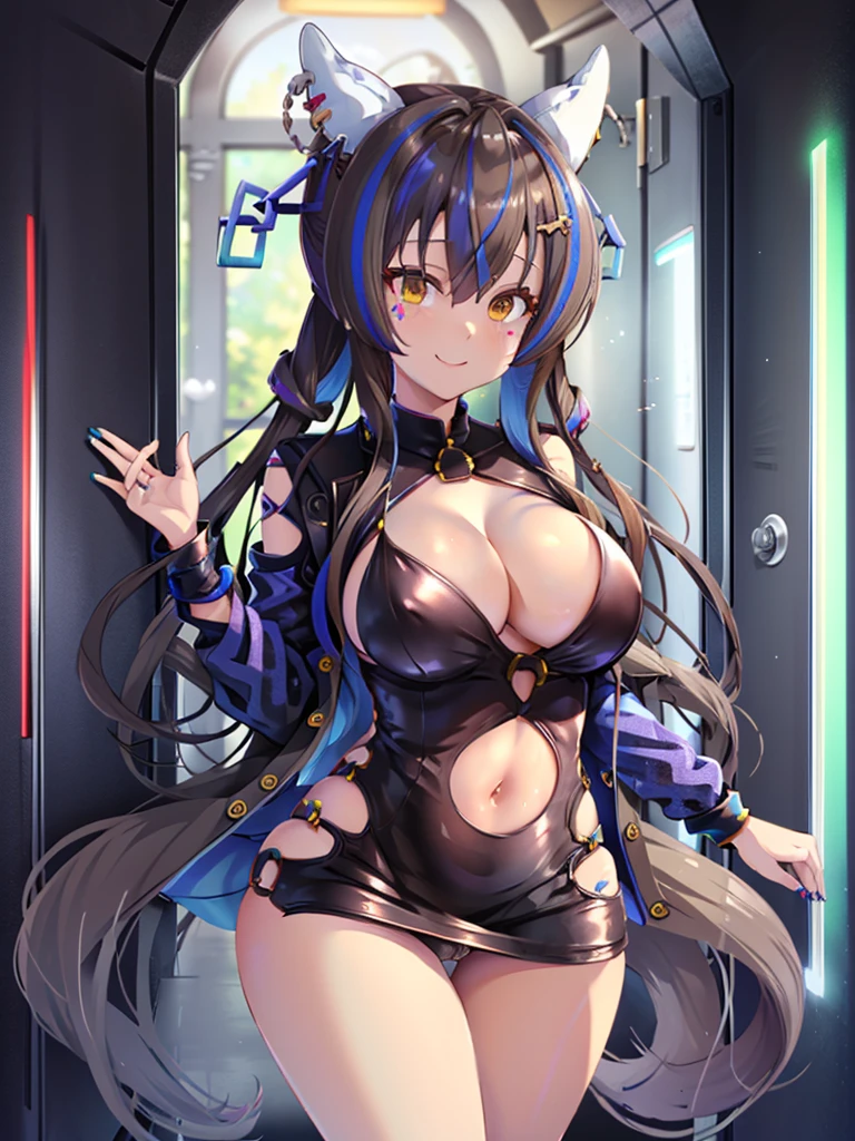 ((masterpiece)),((Highest quality)),High resolution,Highly detailed CG,Perfect lighting,8k wallpaper, One Girl,Purple Hair,Very long hair、Very large breasts、Thick legs、smile、Bodycon