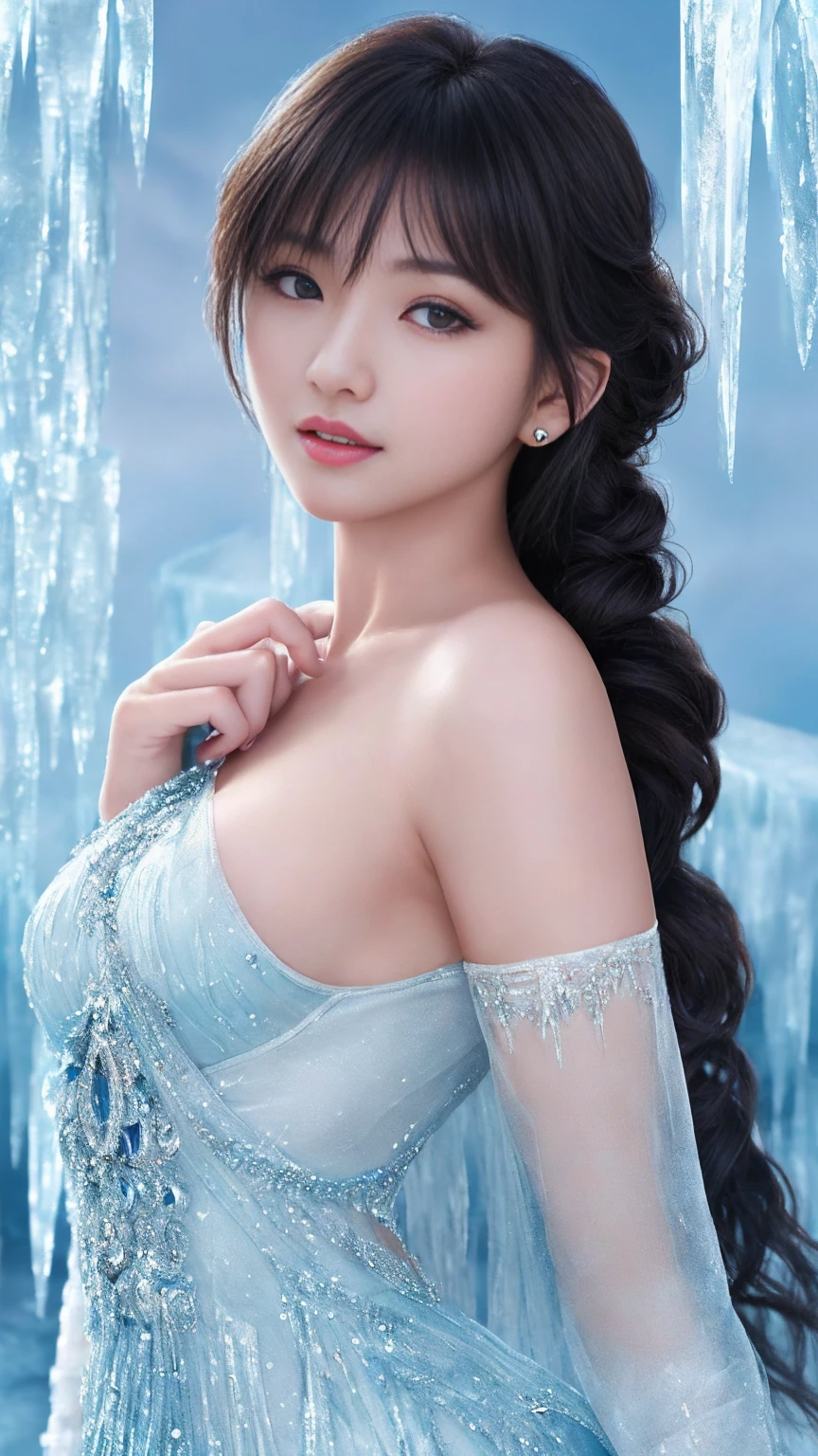 最high quality、high quality、Best image quality、8K、最High resolution、High resolution、最high quality、masterpiece、RAW Photos、whole body写真、Detailed and realistic human body、Detailed and realistic skin、Realistic face in every detail、Detailed and realistic eyes、Detailed and realistic lips、Detailed and realistic teeth、Detailed and realistic ears、Detailed and realistic hair、Realistic reproduction of every detail、((Beautiful Hands(thumb1、reference4))、Realistic feet down to the last detail、((Beautiful Japanese Girl))、(Japanese Model)、 Beautiful girl of years old))、(Black Hair)、(Random Hairstyles)、((whole body))、((Slim and perfect figure))、(Beautiful and firm breasts)、(whole body光沢肌、Fair skin)、((Mysterious Cloth Wrapped in Ice(A dress made of ice))、((Frozen Dress))、((The cool dress accentuates her curves..))、((Her body lines are clearly visible through the ice dress.))、Sexy pose