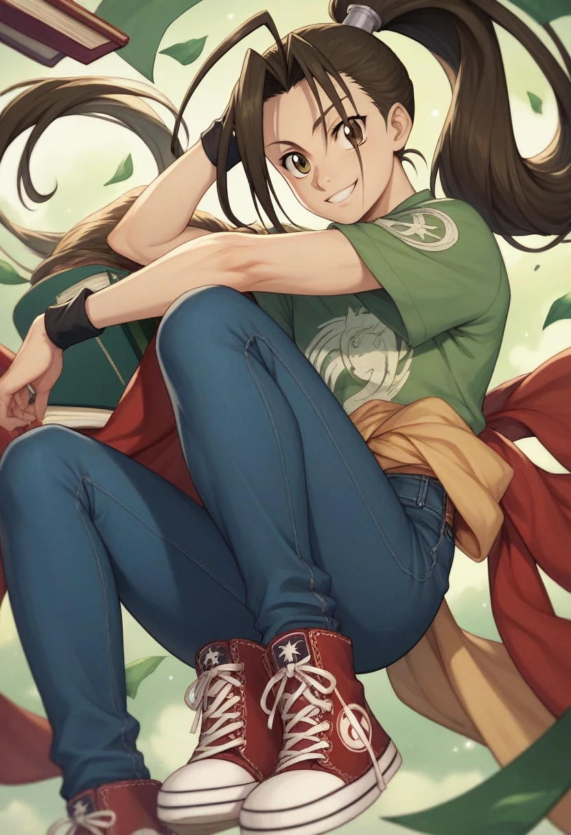 1 medium-tall 16-year-old, anime style Fullmetal Alchemist. Her hair is long with a ponytail and a long double shawl like a textbook hairstyle.. Use a jockey with a "r" the day. His large eyes have a brown iris and pointed eyebrows., with a confident smile on his face.
Use a green short-sleeved t-shirt with a simple design with 2 patterns that alternate yellow and white. His pants are blue jeans with some white and yellow embroidery.. His shoes are converse-type sneakers between black and white.. Has black wristbands.