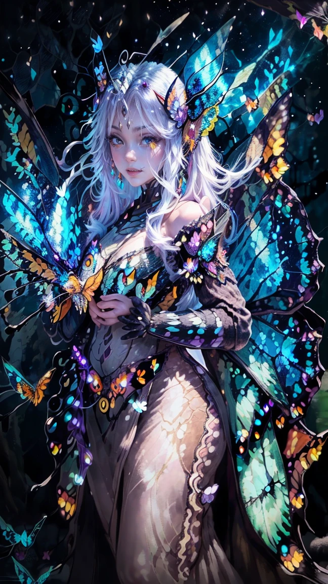 ((Highest quality、masterpiece、8K、Realistic、超High resolution:1.3、Very delicate and beautiful、High resolution))、Cinema Lighting、medium range shooting、Portraiture、Perfect female body、Opposition、Looking at the audience、((Long white hair、Luminous tattoo、Intricately patterned skin、powerful claws、Battle scars、Dark Armor))、Otherworldly background、(Beast-like teeth、Long Tail、Sparkling eyes:1.3)、Agile movement、Wicked Smile、Magical Charms、ancient magic book、Warrior Noble、Glowing Accessories、Decorative belt、Sturdy boots、Ready to fight、Mysterious Aura、unique ears、Unusual appearance、Otherworldly landscapes、Giant shadow、Powerful aura、Ancient treasures。((Shining butterfly wings on the back:1.8))、((Wearing a Nebula on Your Body:1.5))