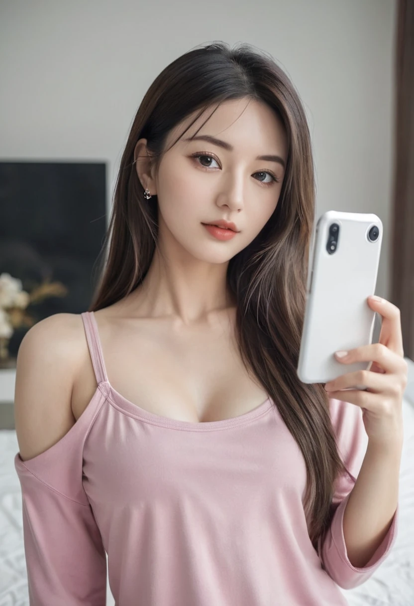 Beautiful woman taking selfies in loungewear with small breasts