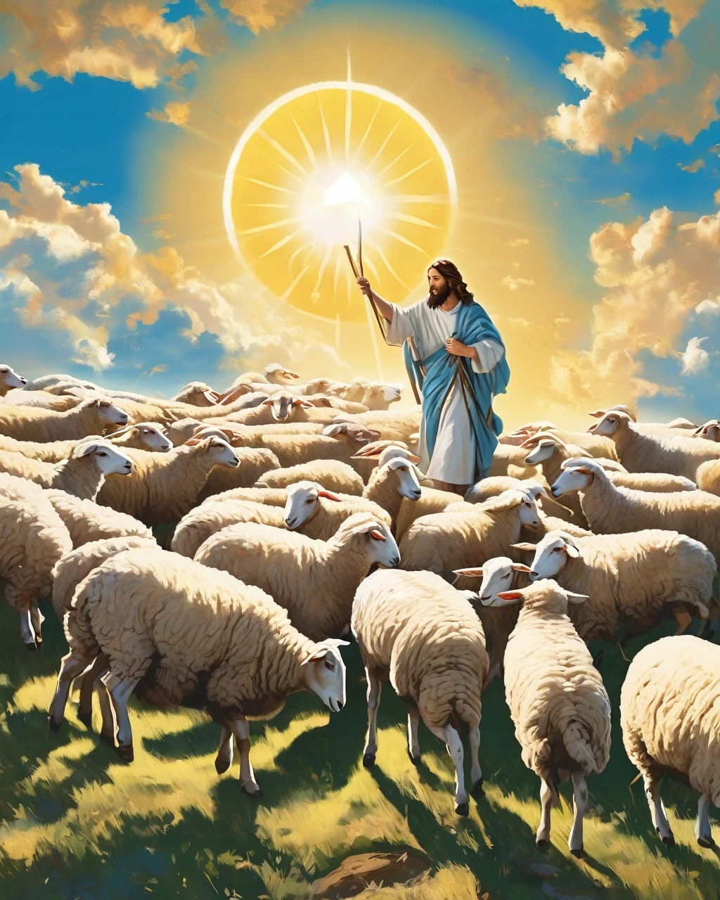 Jesus Christ shepherding the sheep on a beautiful sunny day with a clear sky